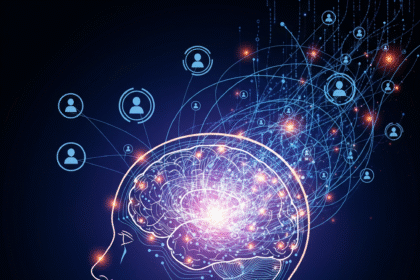 A conceptual image illustrating AI in UX design, showing a human mind merging with a glowing digital network of user interface elements and data, symbolizing a futuristic and intelligent process.