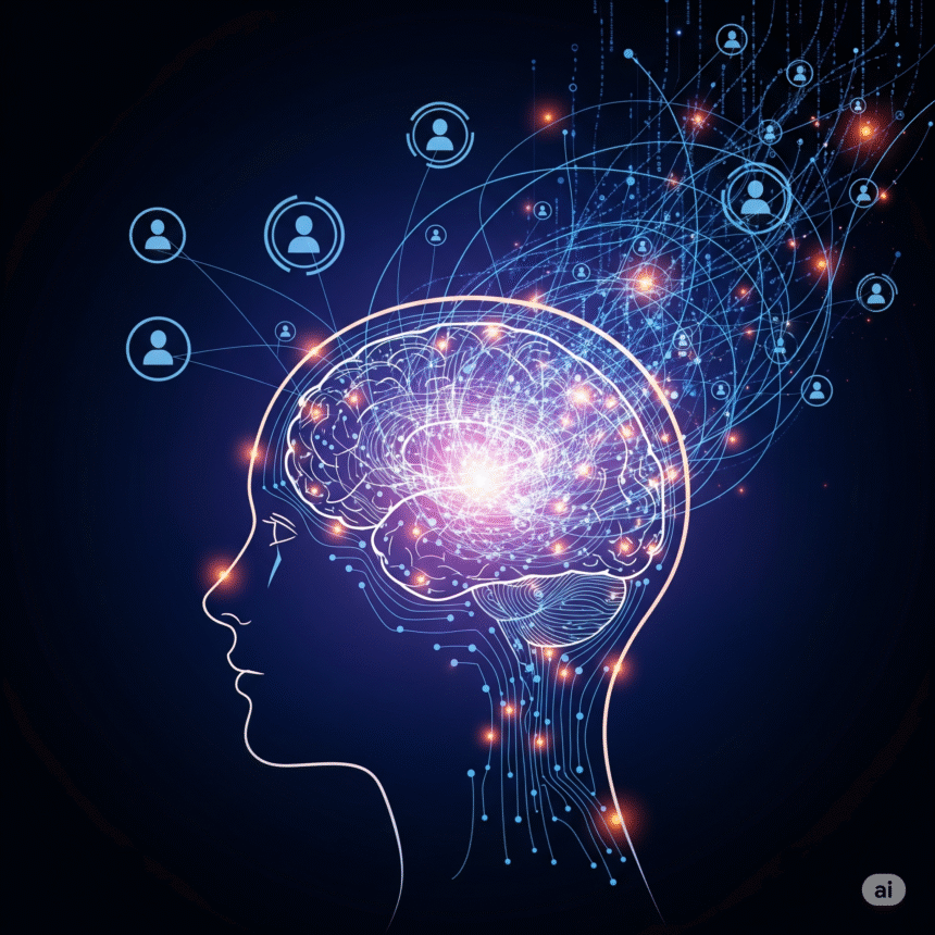 A conceptual image illustrating AI in UX design, showing a human mind merging with a glowing digital network of user interface elements and data, symbolizing a futuristic and intelligent process.