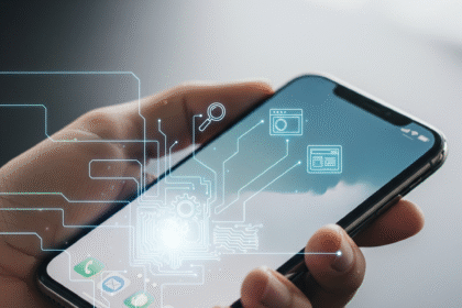 Hand holding an iPhone overlaid with blueprint lines and technical SEO icons illustrating optimization