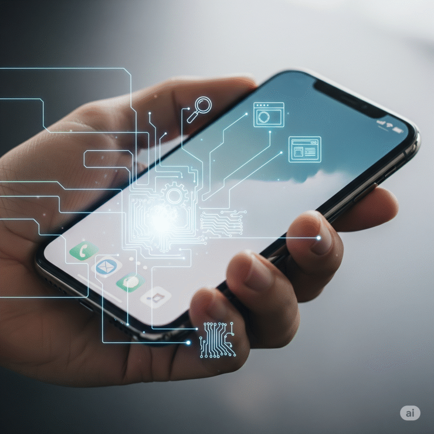 Hand holding an iPhone overlaid with blueprint lines and technical SEO icons illustrating optimization