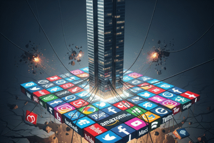 A digital business skyscraper perched on unstable social media platforms, with cracks forming below, visualizing the fragility of borrowed power in building a digital empire.
