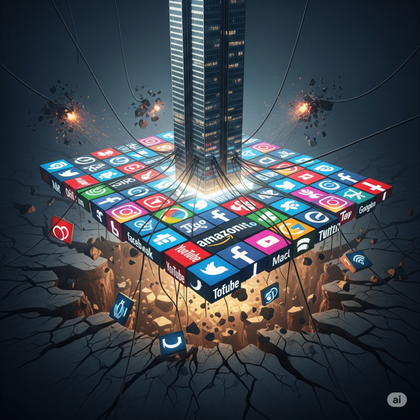 A digital business skyscraper perched on unstable social media platforms, with cracks forming below, visualizing the fragility of borrowed power in building a digital empire.
