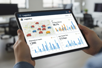 A diverse tech team collaborating on a custom software solution shown on a tablet, representing a positive and effective engineering culture.
