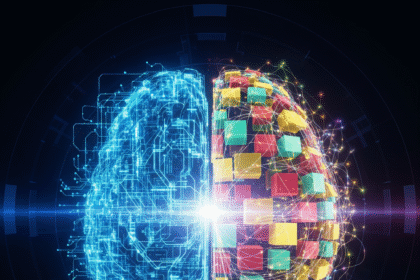 A futuristic brain, symbolizing the low-code vs traditional development debate, with one half made of glowing code and the other of colorful blocks.