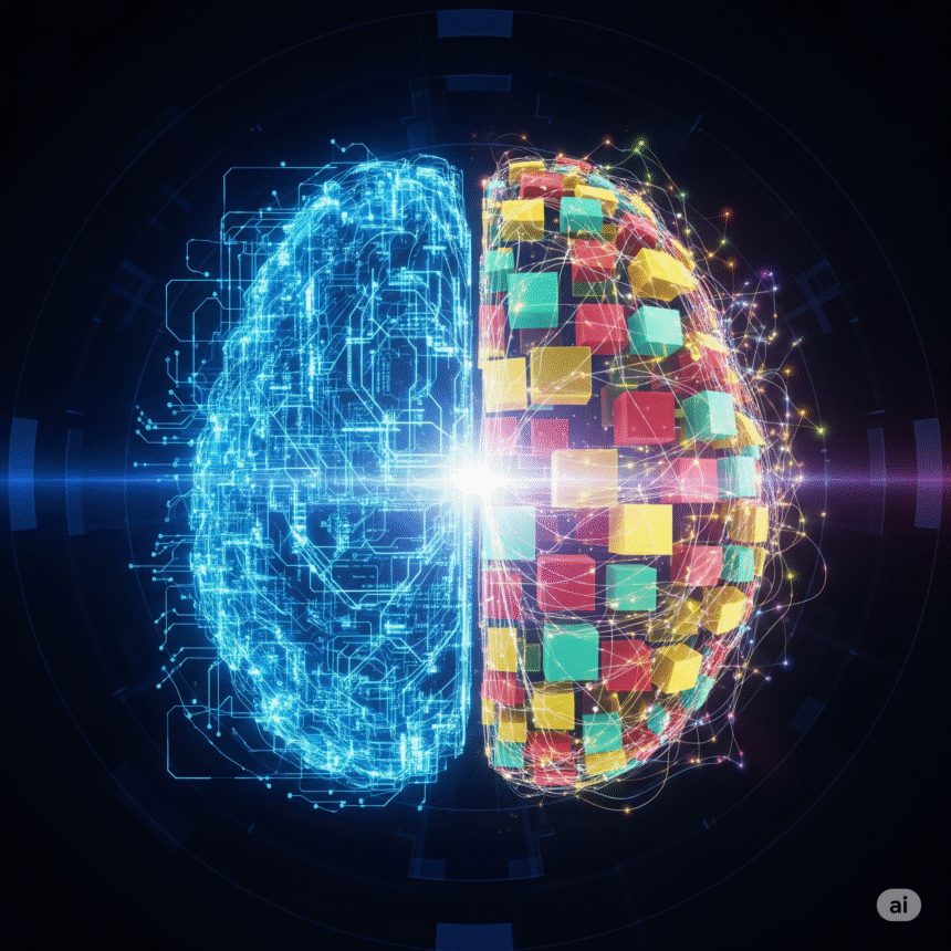 A futuristic brain, symbolizing the low-code vs traditional development debate, with one half made of glowing code and the other of colorful blocks.