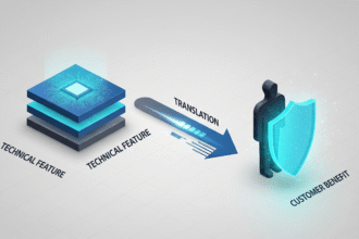 Infographic illustrating the process of tech branding: translating a technical feature (microchip icon) into a tangible customer benefit (protected user icon).