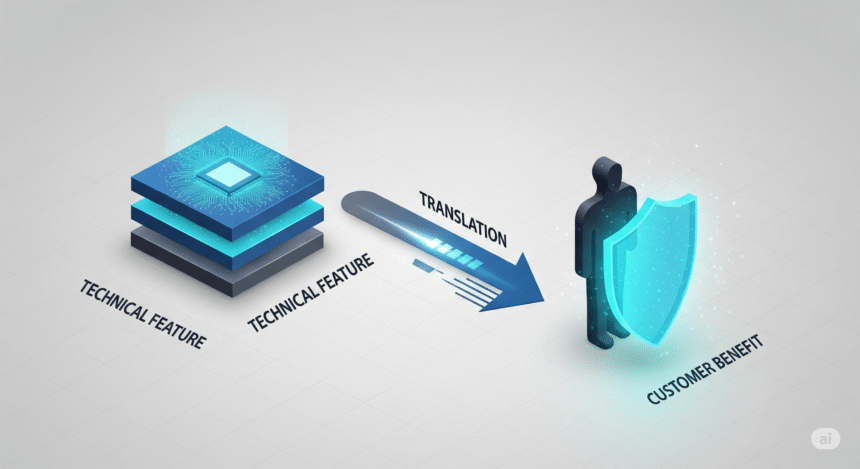 Infographic illustrating the process of tech branding: translating a technical feature (microchip icon) into a tangible customer benefit (protected user icon).