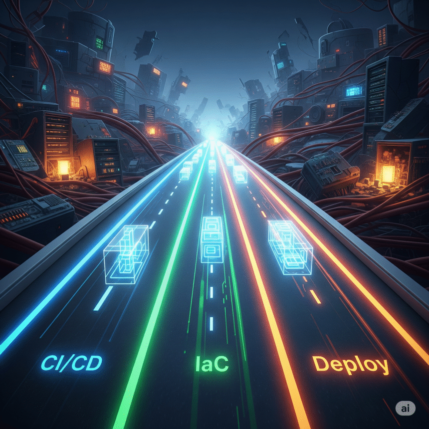 A digital illustration showing Platform Engineering as a streamlined, futuristic highway with lanes for CI/CD, IaC, and Deploy, contrasting with a chaotic background of old, tangled infrastructure.