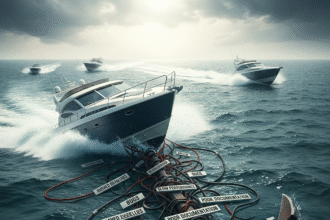 An illustration of a modern speedboat, representing a digital project, being sunk by a heavy anchor labeled 'Technical Debt', visualizing the hidden costs of shortcuts in software development.