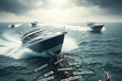 An illustration of a modern speedboat, representing a digital project, being sunk by a heavy anchor labeled 'Technical Debt', visualizing the hidden costs of shortcuts in software development.