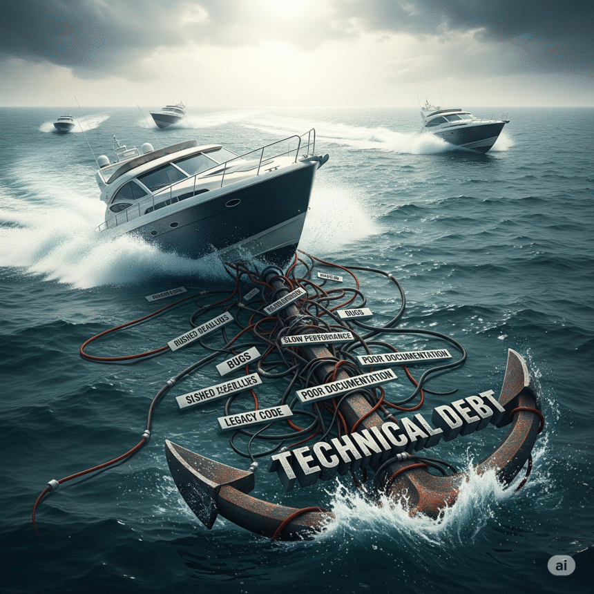 An illustration of a modern speedboat, representing a digital project, being sunk by a heavy anchor labeled 'Technical Debt', visualizing the hidden costs of shortcuts in software development.