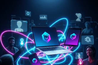 A modern digital artwork depicting a laptop, smartphone, and tablet all displaying consistent brand elements, interconnected by luminous lines. Abstract figures representing satisfied, loyal customers engage with the transparent devices, symbolizing seamless brand consistency and trust across digital channels.