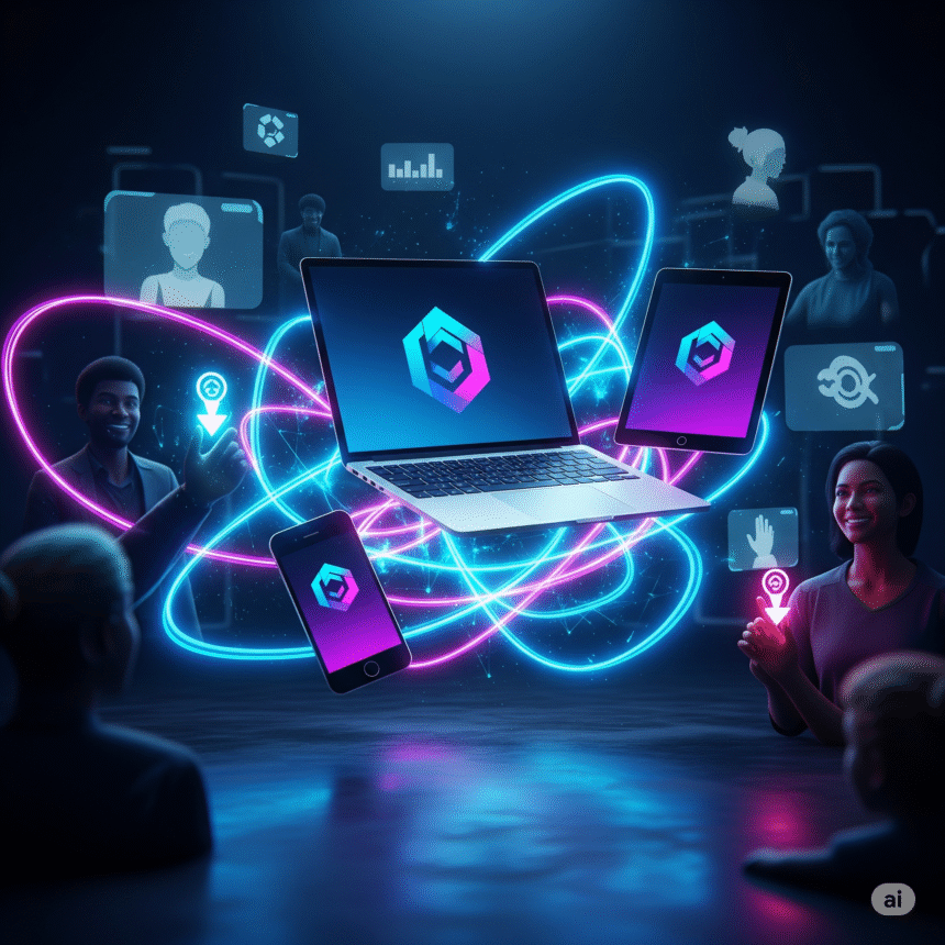 A modern digital artwork depicting a laptop, smartphone, and tablet all displaying consistent brand elements, interconnected by luminous lines. Abstract figures representing satisfied, loyal customers engage with the transparent devices, symbolizing seamless brand consistency and trust across digital channels.