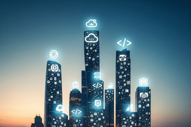 Modern city skyline integrated with digital symbols and sturdy foundation blocks labeled strategy, quality, and adaptability, representing strong digital legacies