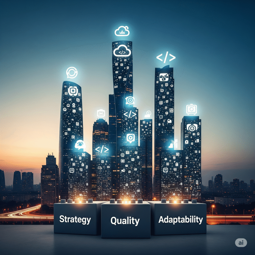 Modern city skyline integrated with digital symbols and sturdy foundation blocks labeled strategy, quality, and adaptability, representing strong digital legacies
