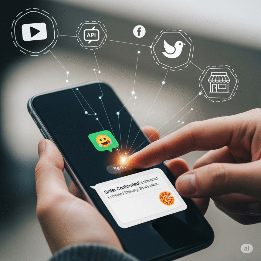 Pizza emoji triggering automatic pizza delivery, symbolizing frictionless digital commerce and seamless customer experience.