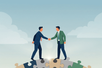 Clearly describe the image with the focus keyphrase, e.g., "Two hands building a bridge from puzzle pieces representing project partner vs vendor partnership.