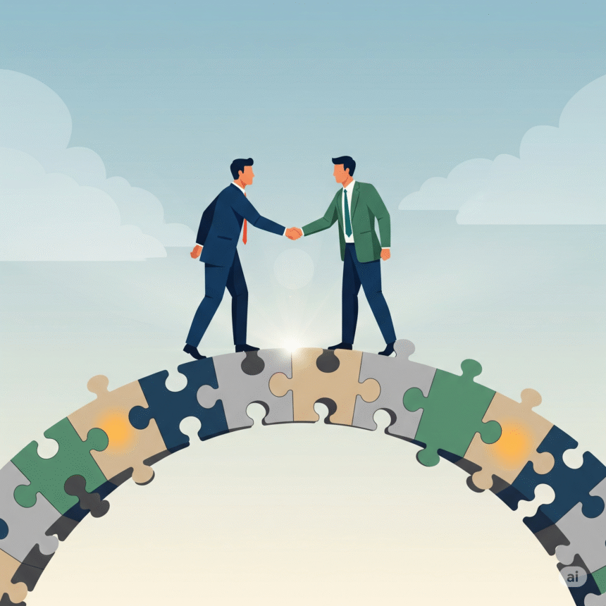 Clearly describe the image with the focus keyphrase, e.g., "Two hands building a bridge from puzzle pieces representing project partner vs vendor partnership.