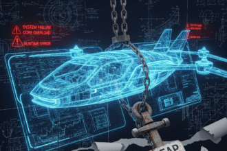 An airplane made of digital circuits casts a broken shadow on cracked blueprints, symbolizing hidden risks of cheap code and technical debt.