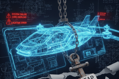 An airplane made of digital circuits casts a broken shadow on cracked blueprints, symbolizing hidden risks of cheap code and technical debt.