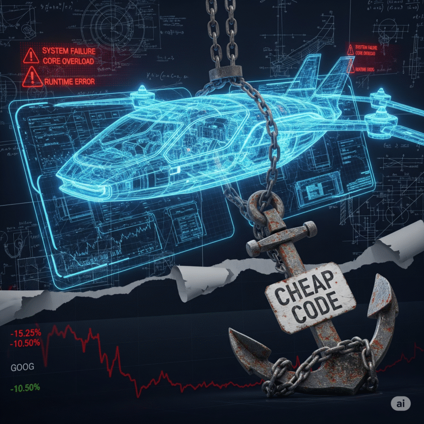 An airplane made of digital circuits casts a broken shadow on cracked blueprints, symbolizing hidden risks of cheap code and technical debt.