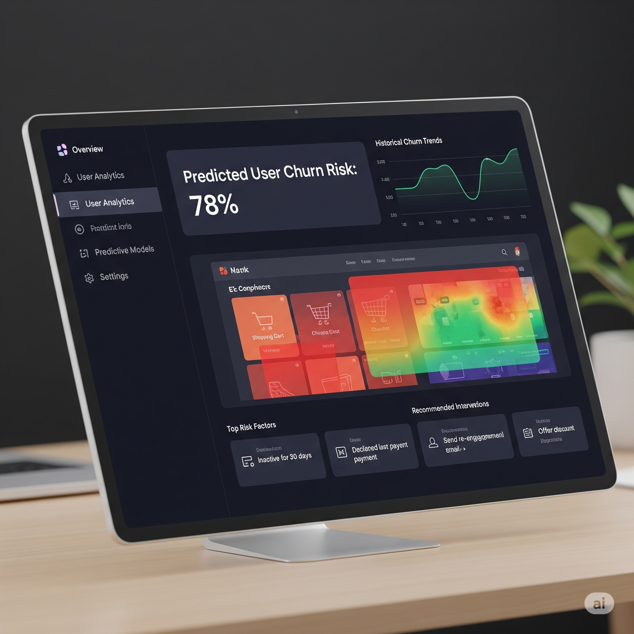 A dashboard demonstrating an AI user experience analytics platform with predictive churn and user behavior metrics.