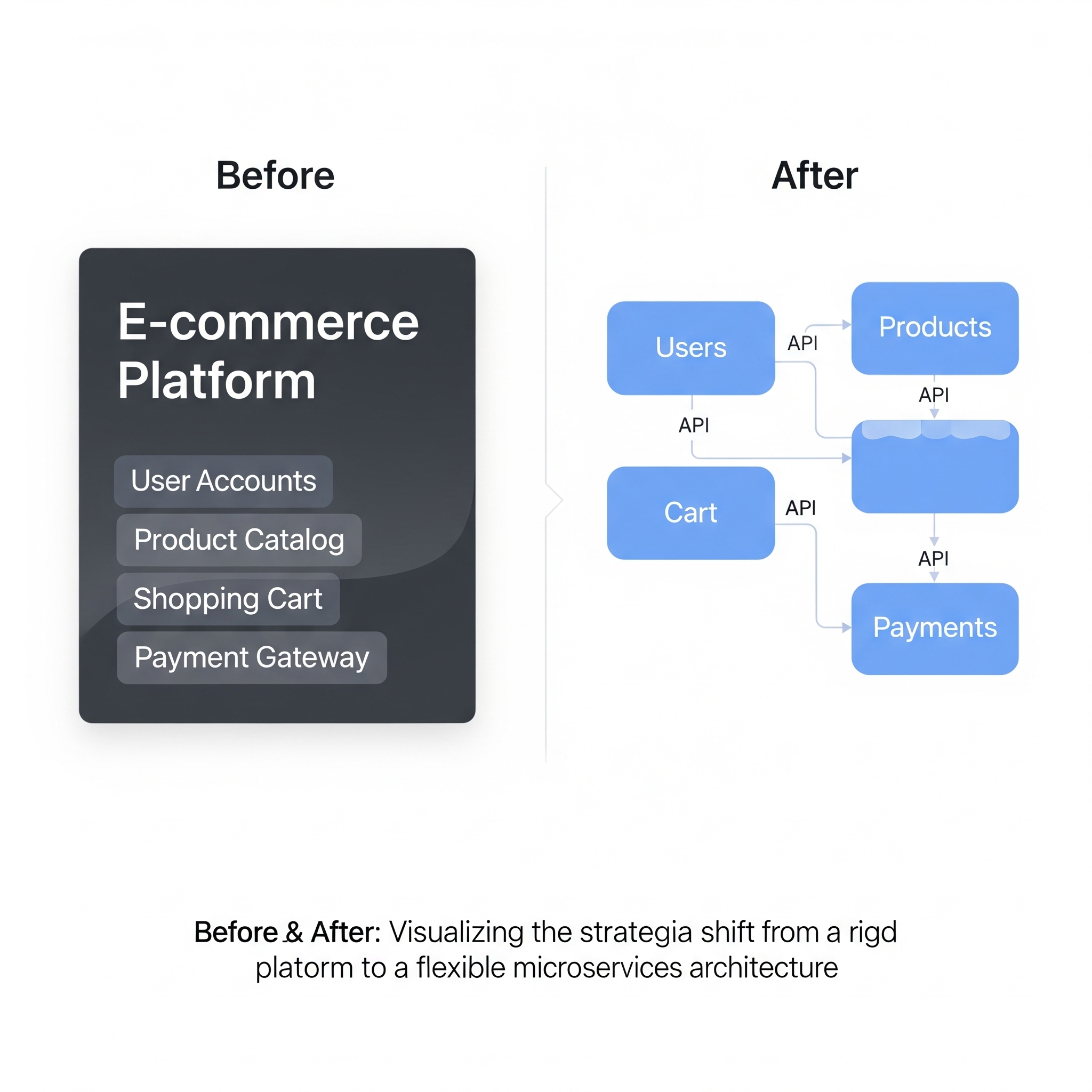 A diagram showing the transition from a single monolithic block to a distributed microservices architecture for an e-commerce platform.