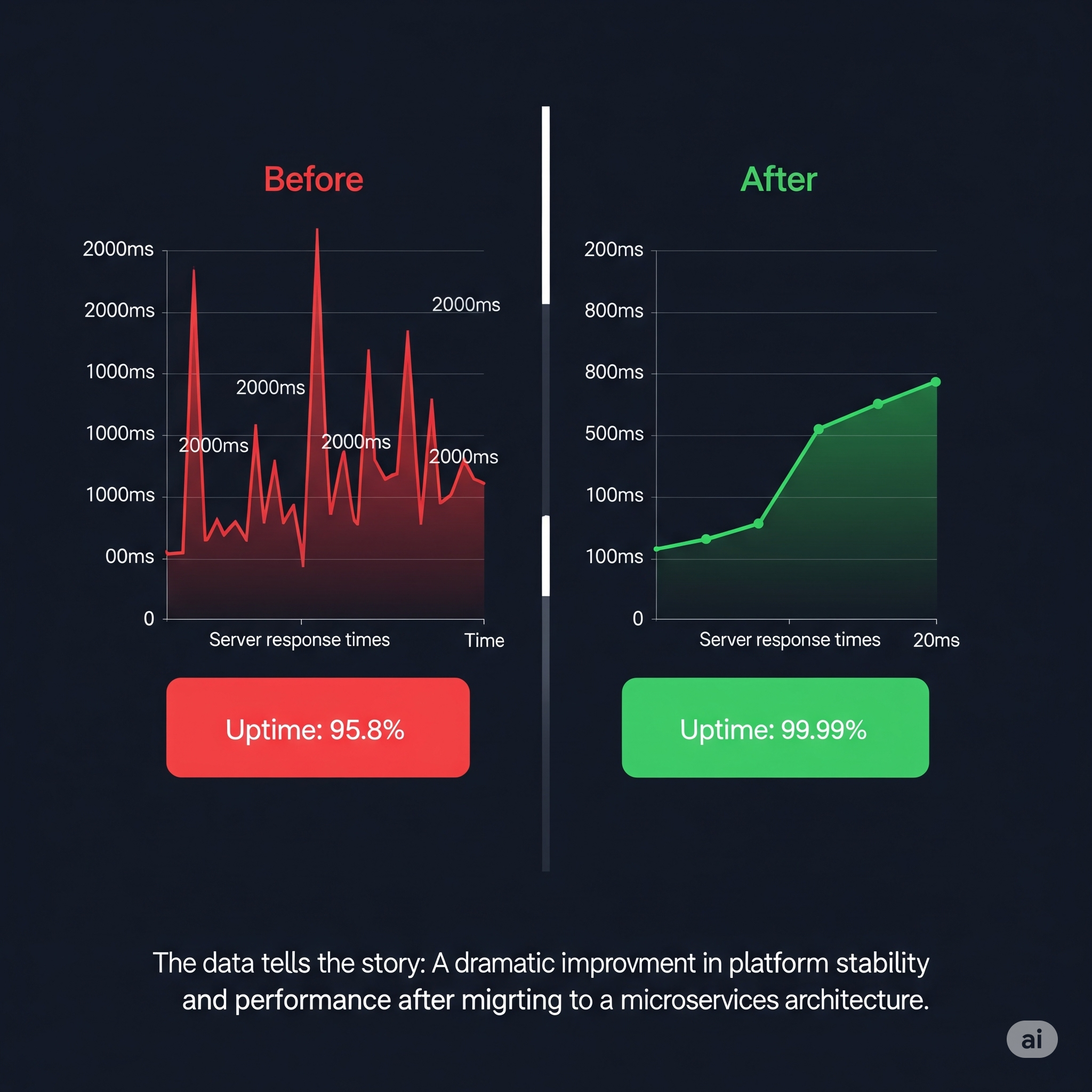 A performance graph showing server response times and uptime for the e-commerce platform before and after the legacy system modernization.