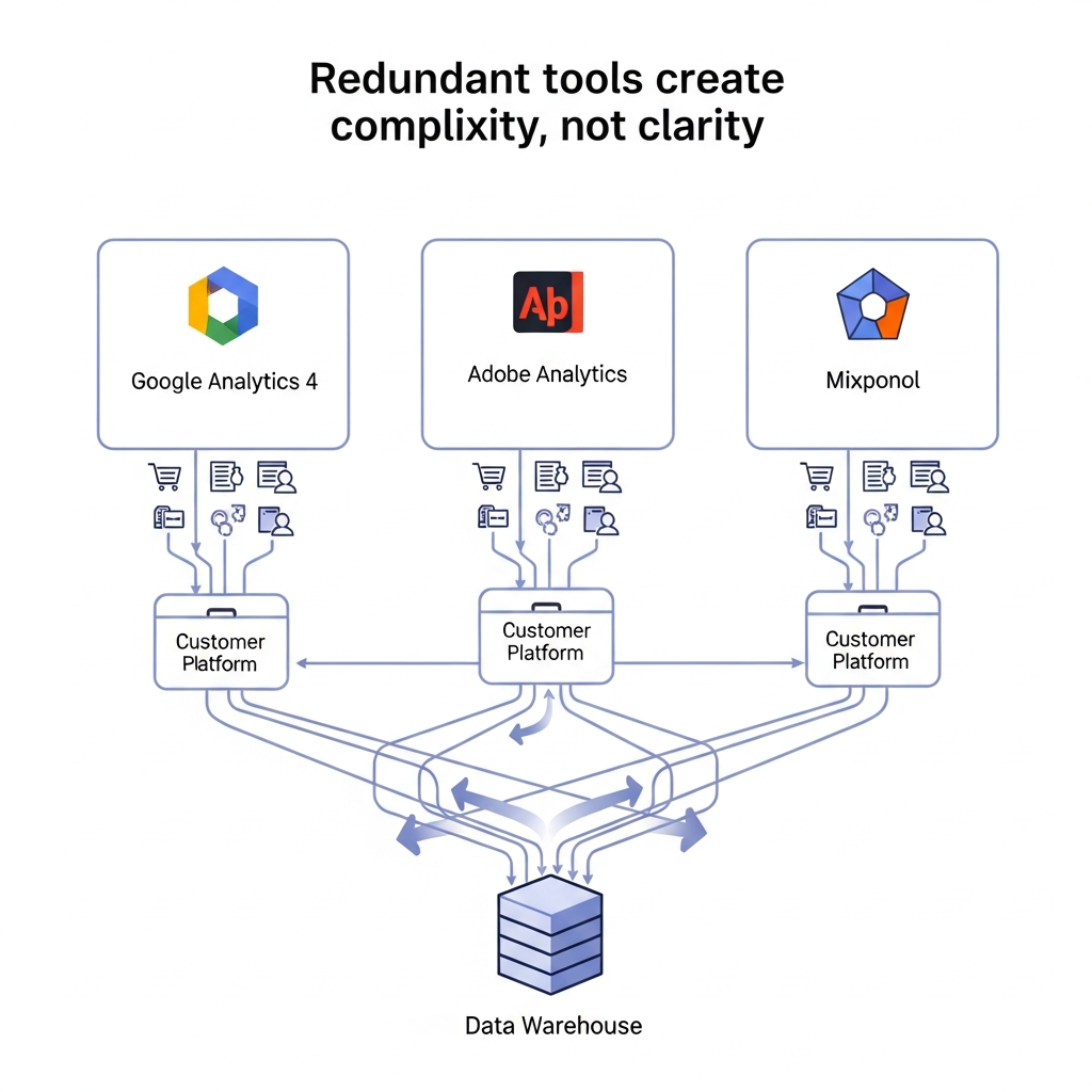 A diagram showing three different analytics tools pulling the same data, illustrating a wasteful Martech Stack Audit. Caption: Redundant tools create complexity, not clarity.
