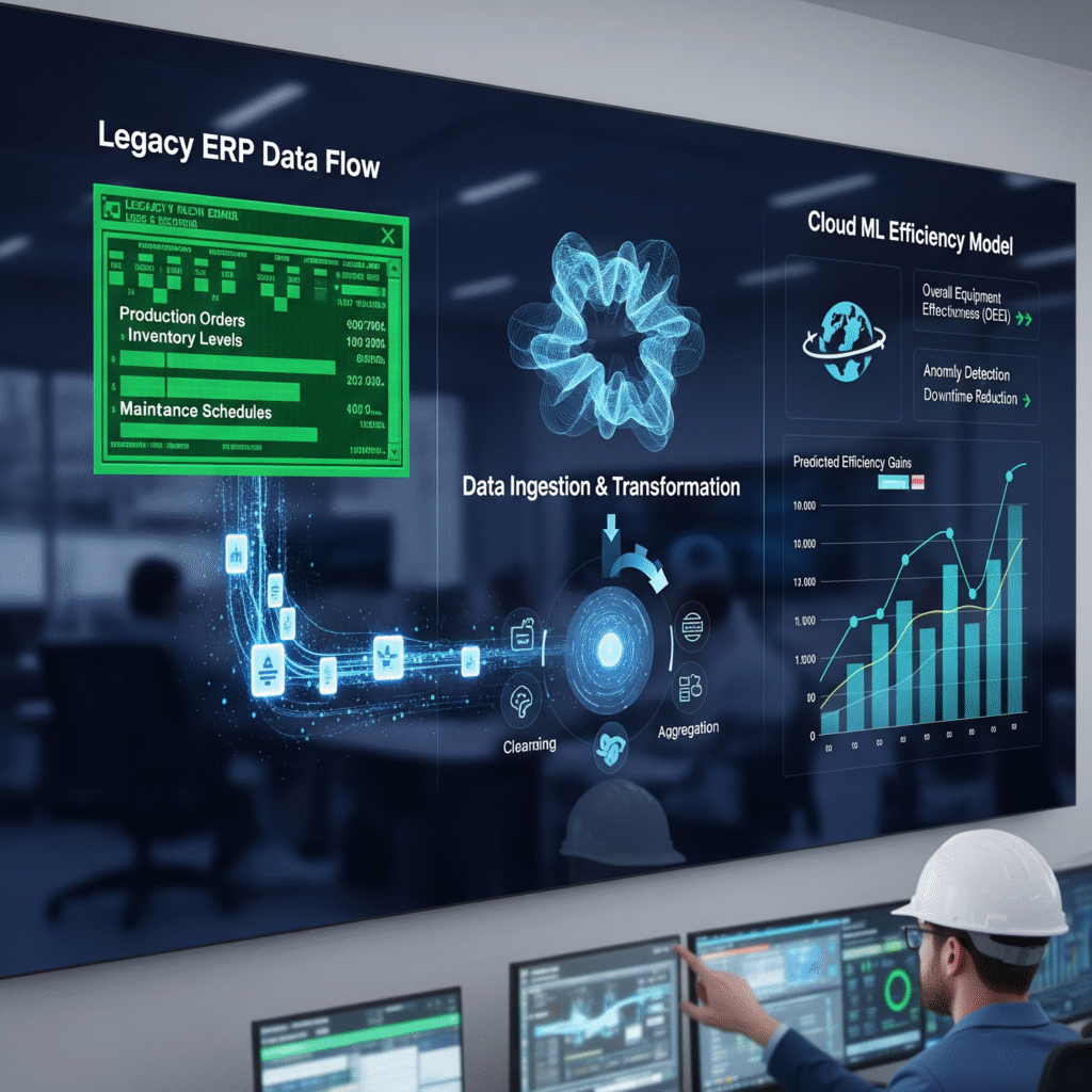 Manufacturing dashboard showing data flow from an on-premise legacy ERP system into a modern, cloud-based machine learning model for efficiency.