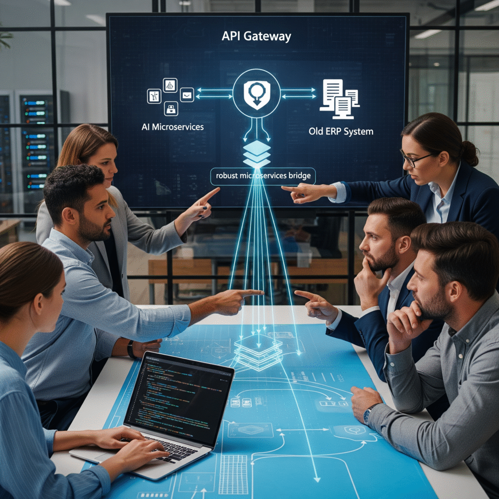 IT team using an API gateway to build a robust microservices bridge for AI and old ERP system integration.