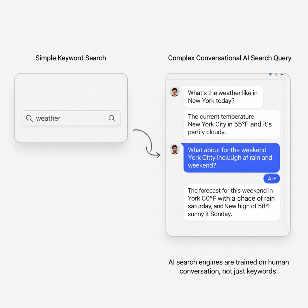 A diagram showing a simple keyword search evolving into a complex, conversational AI search query.