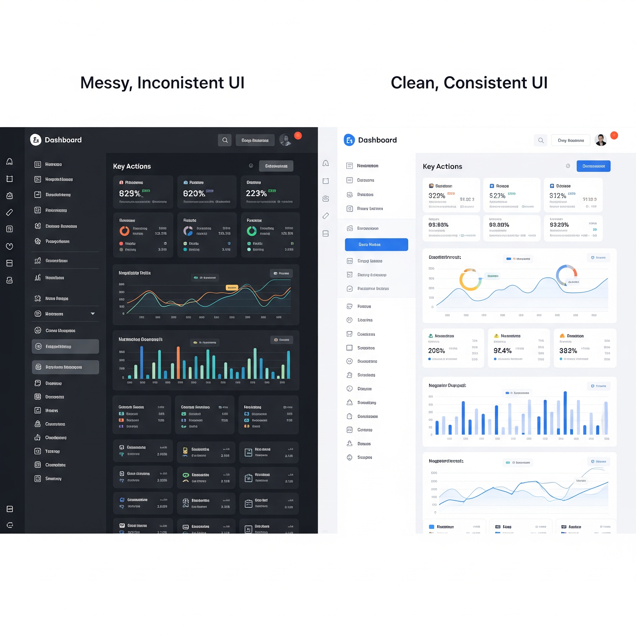A B2B dashboard comparison showing a messy, inconsistent UI on the left and a clean, consistent UI on the right, demonstrating the benefits of design system scalability.
