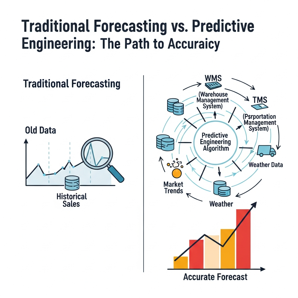 An infographic comparing traditional forecasting to predictive analytics in logistics, showing how AI uses multiple data sources.