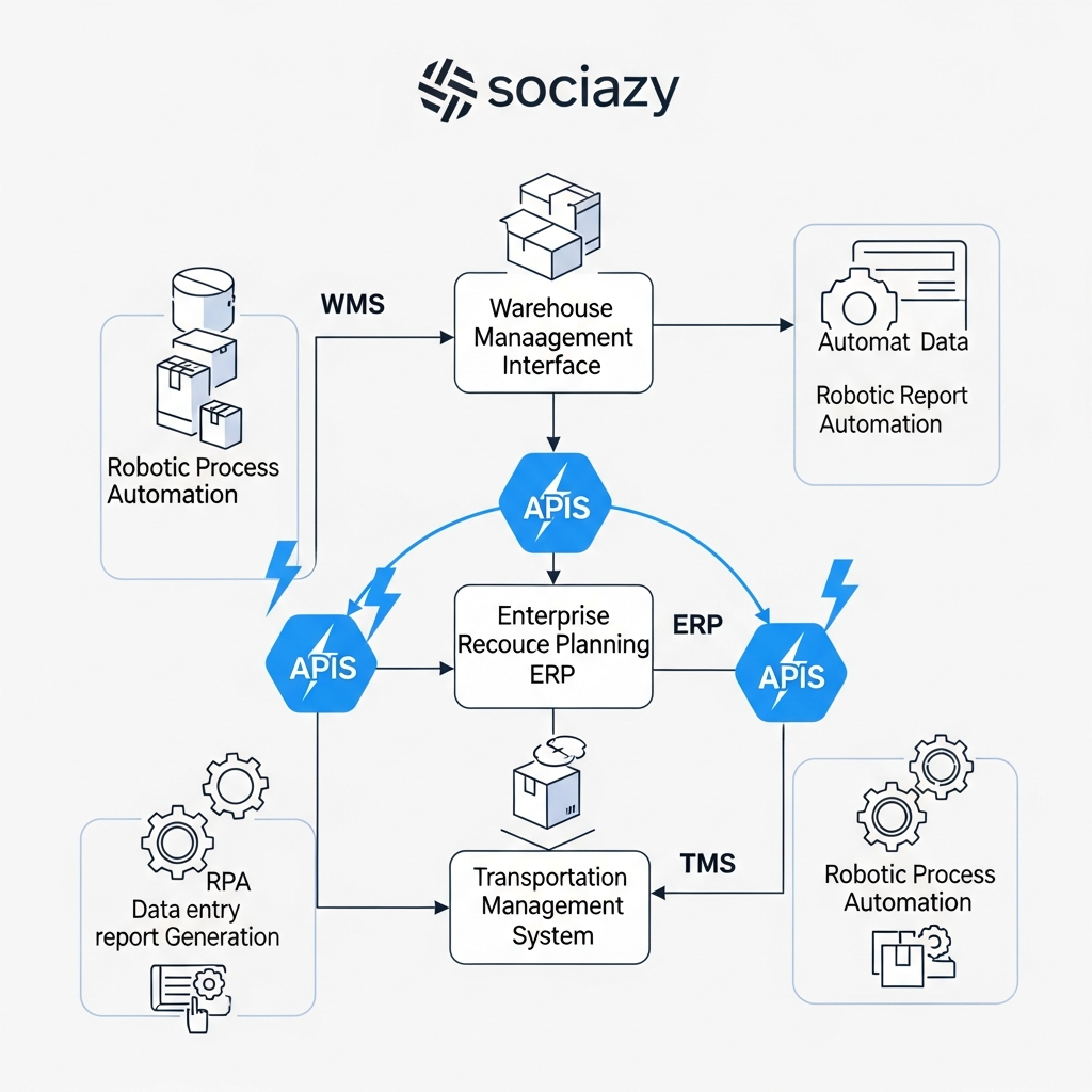 A diagram of Sociazy's logistics automation solutions, showing how APIs and RPA connect a WMS, ERP, and TMS.