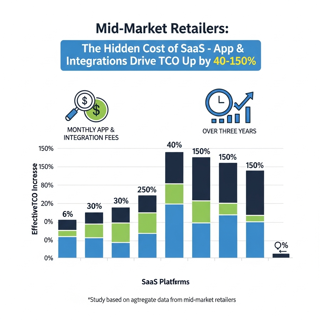 A study of mid-market retailers found that monthly app and integration fees on SaaS platforms often increase the platform's effective TCO by 40% to 150% over the first three years.