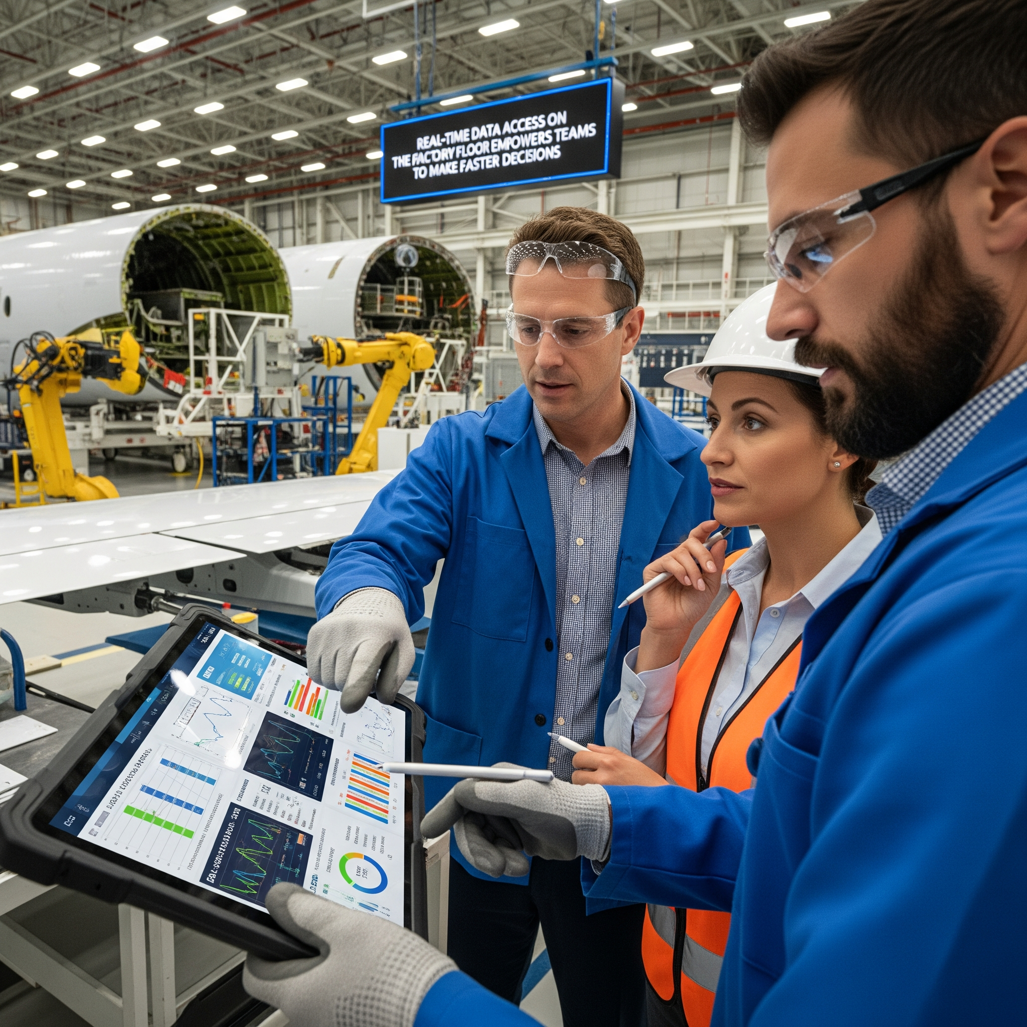 Aerospace engineers reviewing supply chain data on a tablet in a manufacturing hangar.