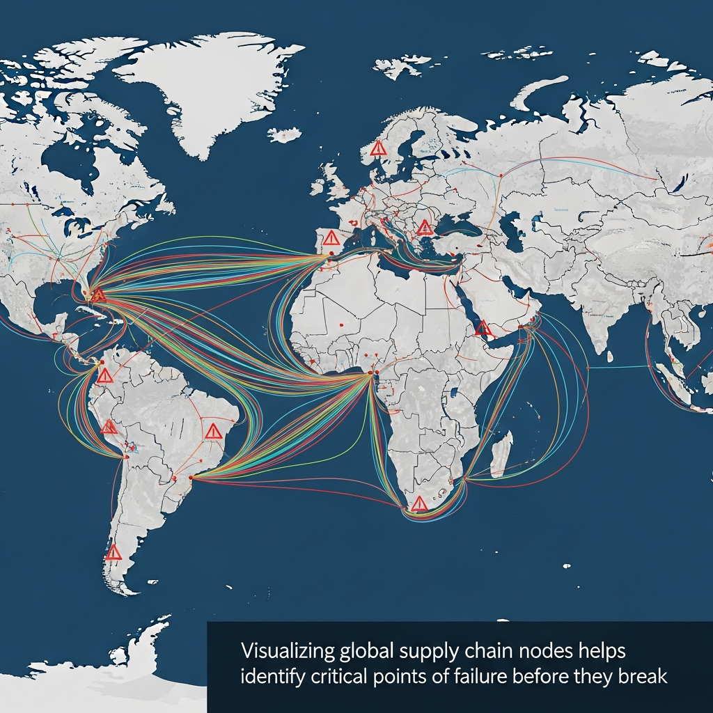 Global map highlighting aerospace supply chain routes and risk nodes.