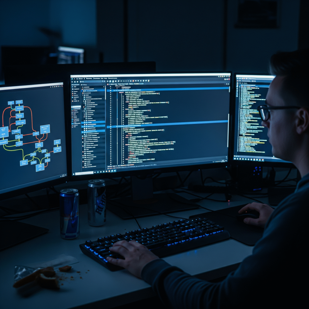 Software developer analyzing complex code logic on multiple monitors in a dark room.