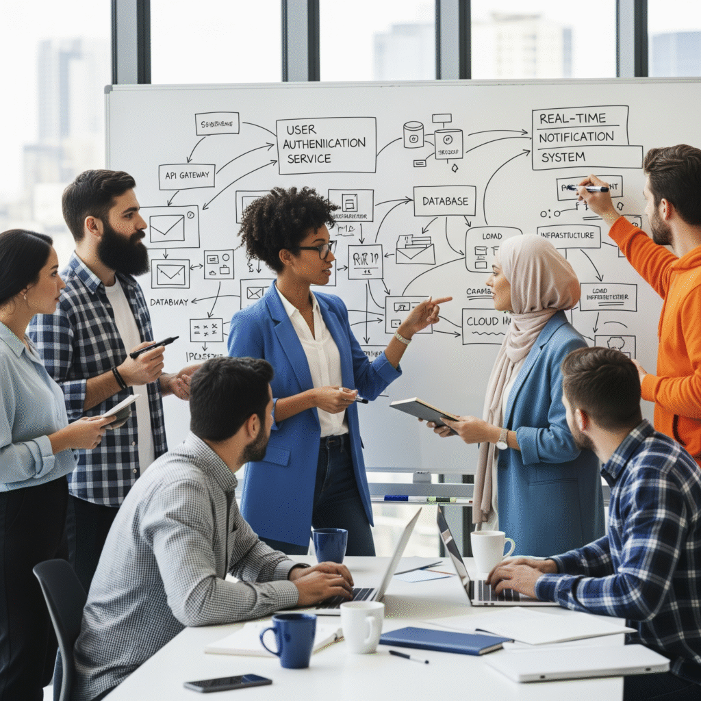 Diverse Sociazy technical team collaborating on software architecture whiteboard.