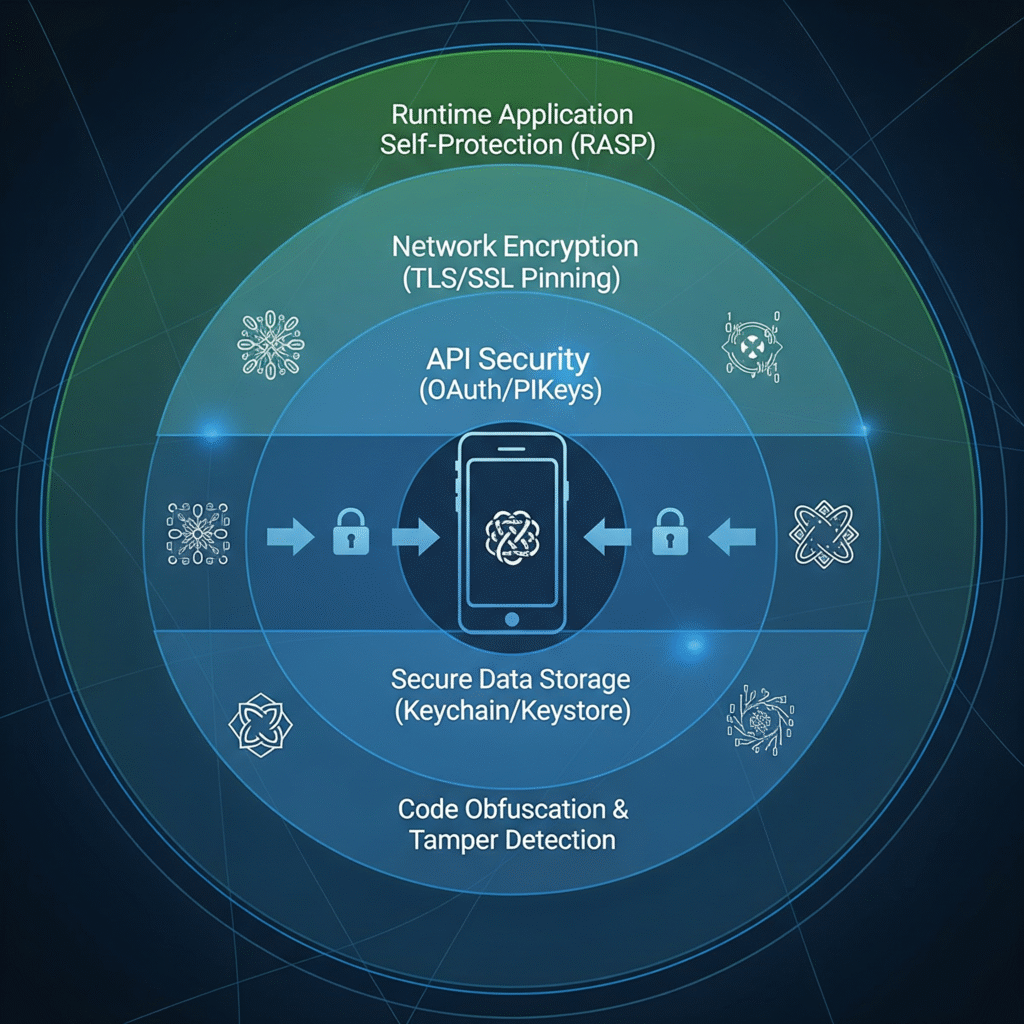 Diagram illustrating modern mobile app security architecture with multiple layers of defense and encryption.