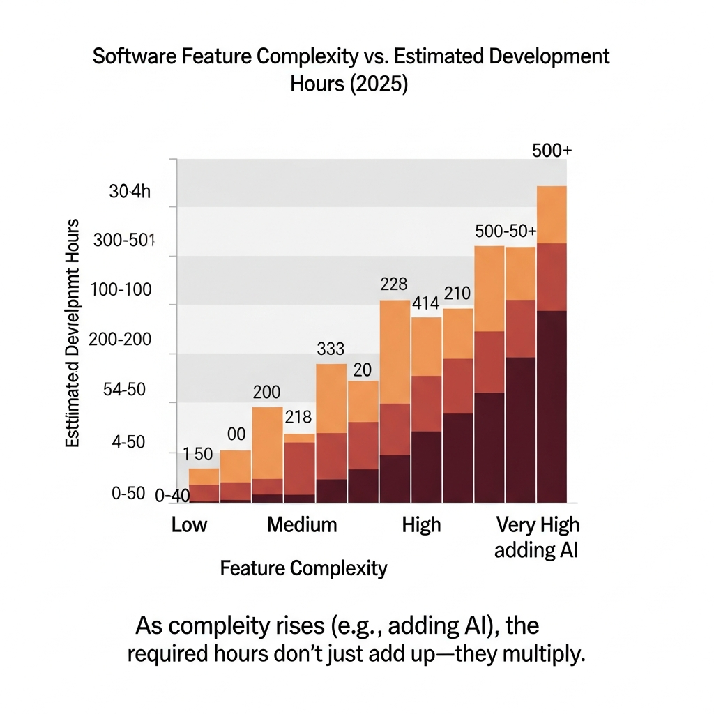 A matrix chart showing the relationship between software feature complexity and estimated development hours for 2025.