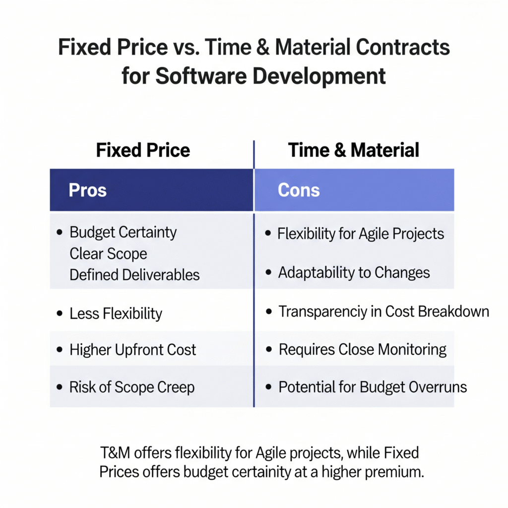 A comparison chart highlighting the pros and cons of Fixed Price versus Time and Material contracts for software development.
