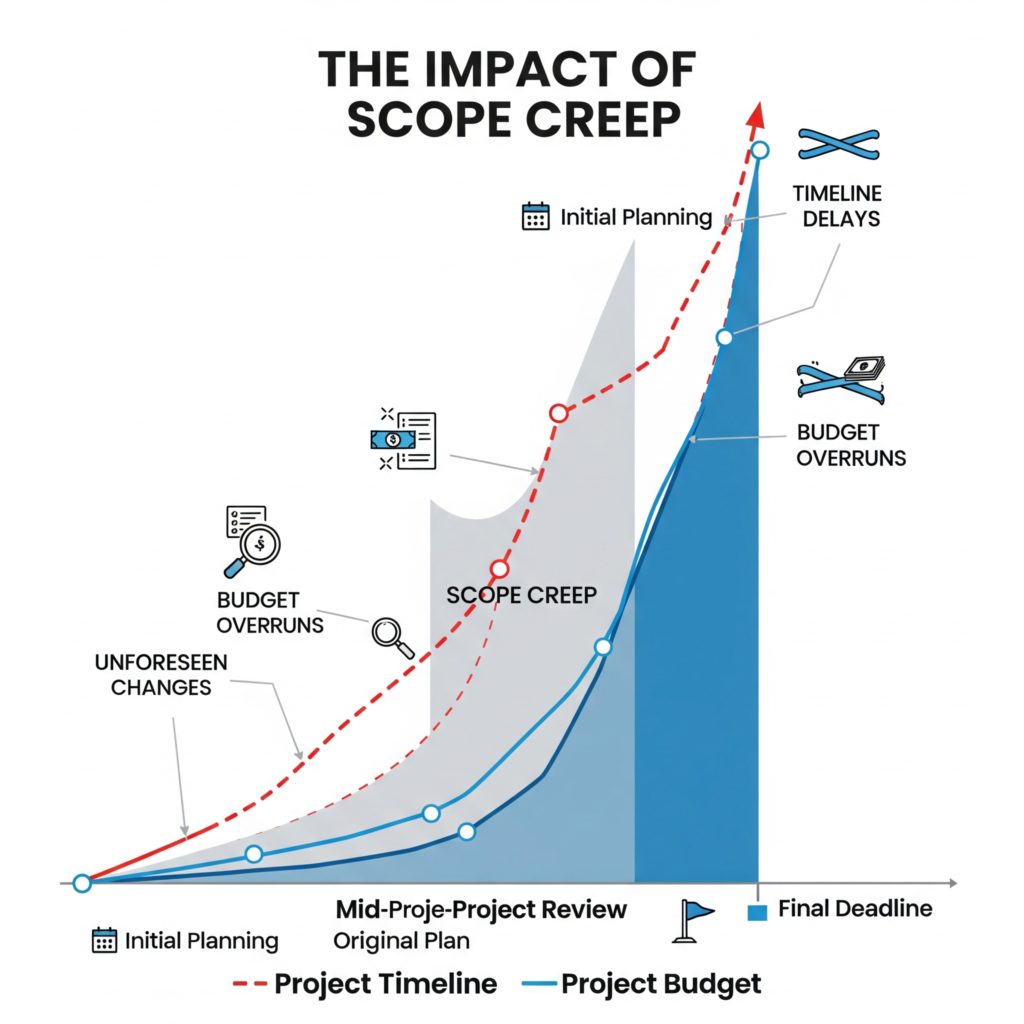 Chart illustrating how scope creep impacts project timeline and budget over time.