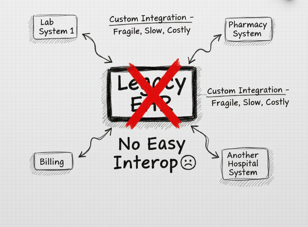 Hand-drawn diagram showing a central 'Legacy EHR' box with multiple arrows pointing outwards to 'Lab System 1', 'Pharmacy System', 'Billing', 'Another Hospital System'. Each arrow is labeled 'Custom Integration - Fragile, Slow, Costly'. In the center, a red 'X' indicates 'No Easy Interop'.